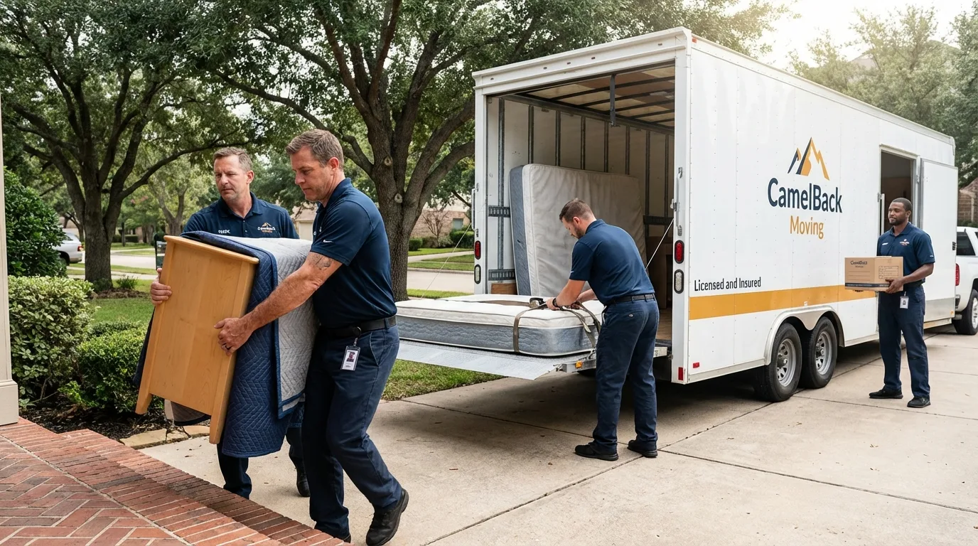 Crew loading residential truck for cross-state move from Steele, ND
