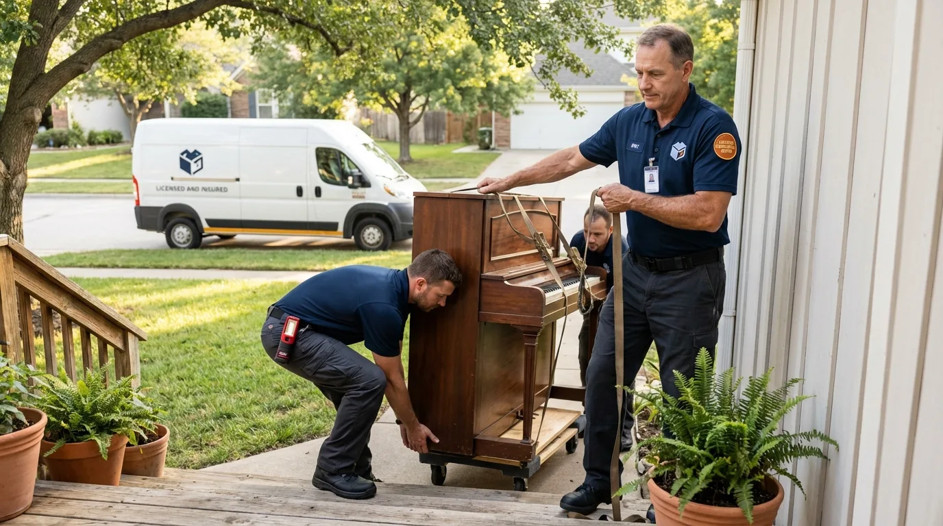 Licensed piano movers securing grand piano in Steele, ND