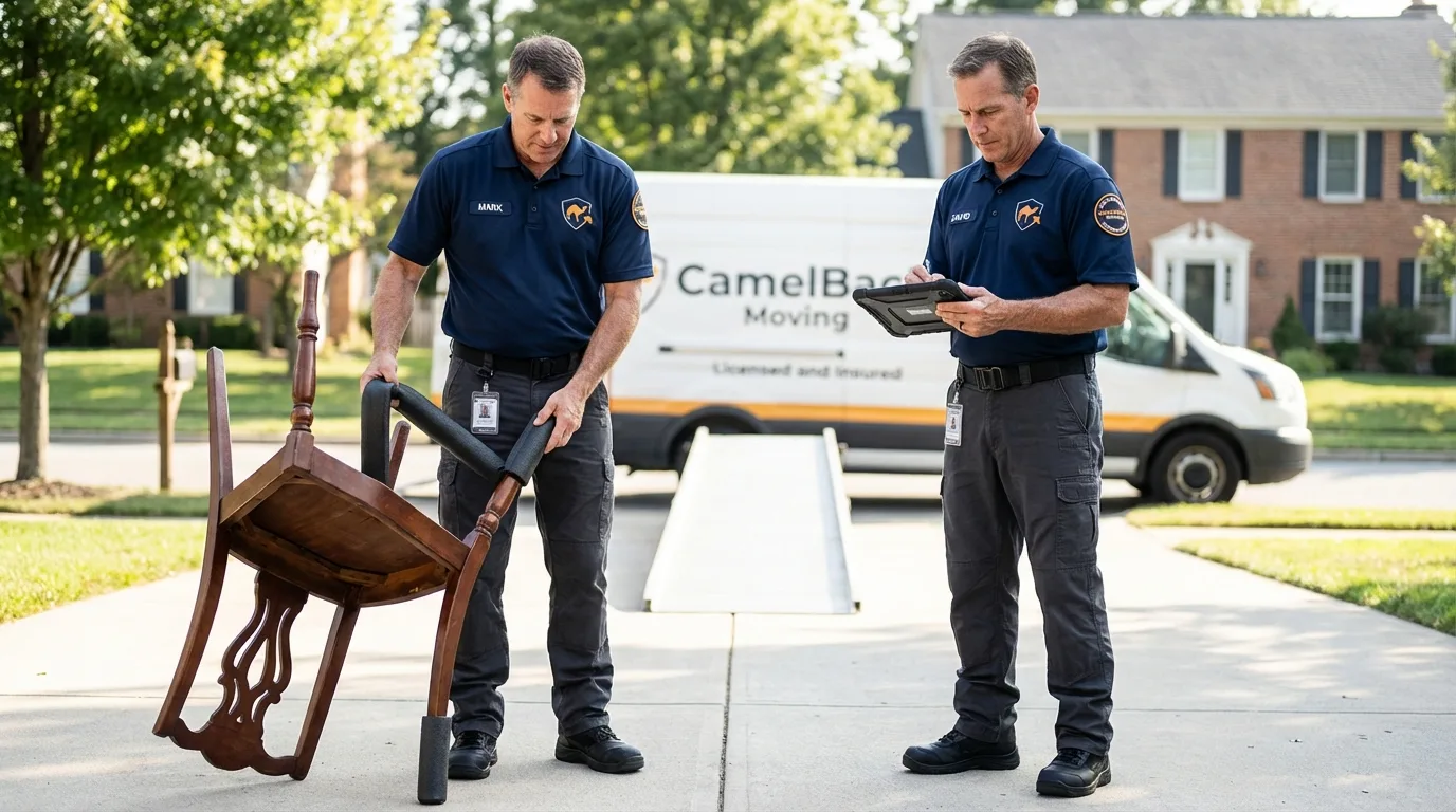 Movers inspecting furniture for damage prevention before loading in Steele, ND