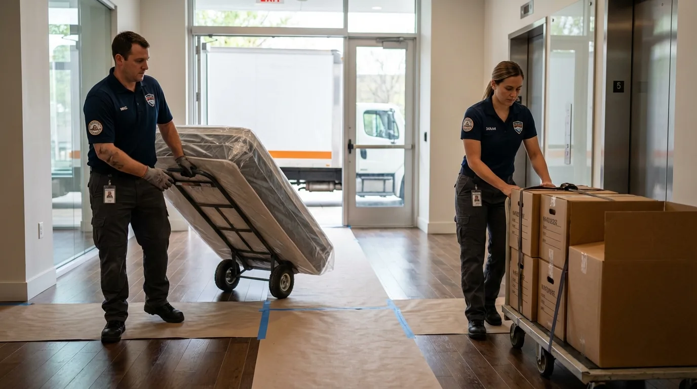 Professional apartment movers loading elevator in Steele, ND